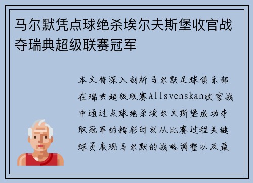 马尔默凭点球绝杀埃尔夫斯堡收官战夺瑞典超级联赛冠军